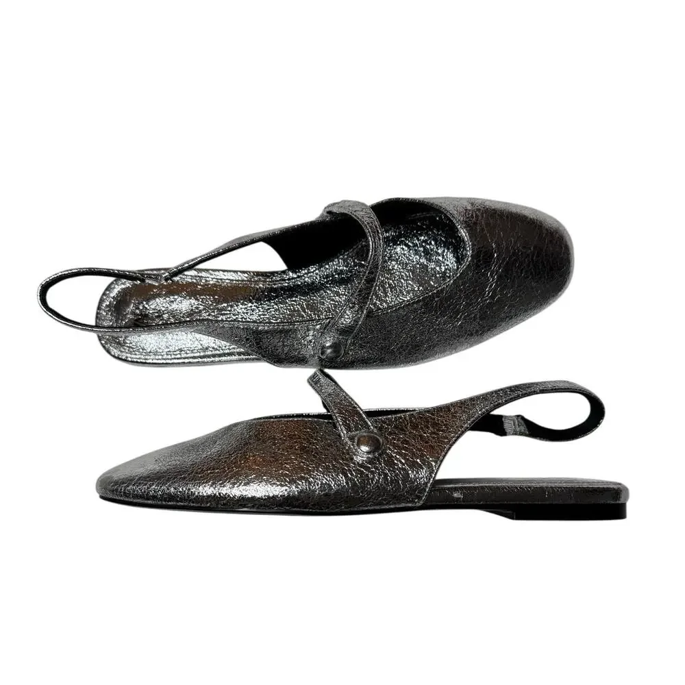 Zara Silver Metallic Mary Jane Slingback Ballet Flats Size 39/8 - Picture 10 of 12